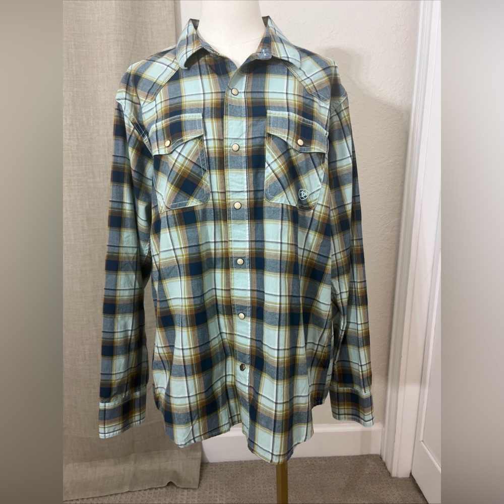 Men’s Western Ariat Retro Fit Pearl Snap Down. Blue Red Orange‎ Plaid Size Large